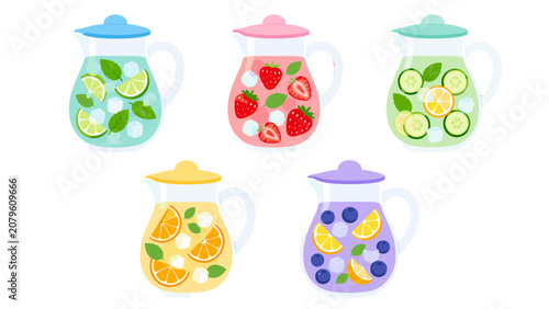 Photos Set of fruit infused water jugs in flat vector style