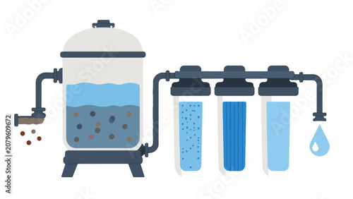 Bild auf Leinwand Water purification system with filtration tanks and clean water drop