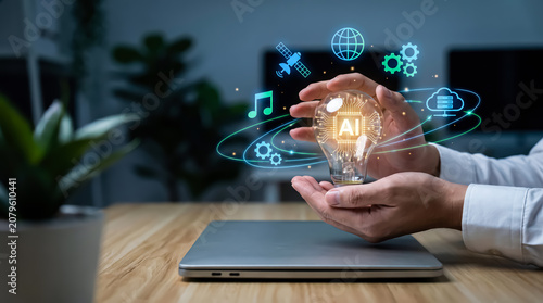 Hands holding a light bulb with ai technology icons representing artificial intelligence and digital innovation
