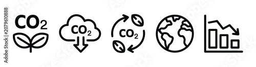 Fotografie Carbon dioxide absorption icons, black outline leaf cloud and globe symbols for carbon capture, eco conservation, climate action and green sustainability