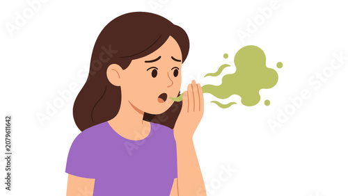 Bild auf Leinwand Woman checking her breath with hand and green odor cloud