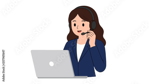 Foto Female call center operator with headset using laptop