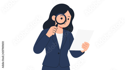 Foto Businesswoman examining document with magnifying glass illustration