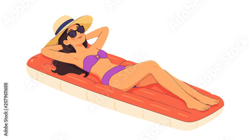 Obraz na plátně Woman relaxing on inflatable mattress in flat vector style