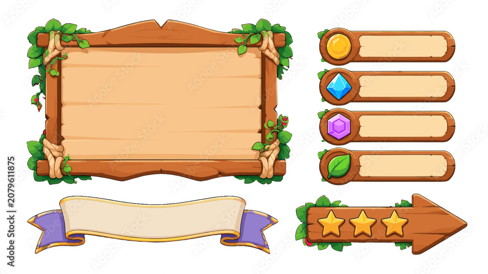 Naklejka premium Cartoon wooden game interface panels buttons and ribbon set
