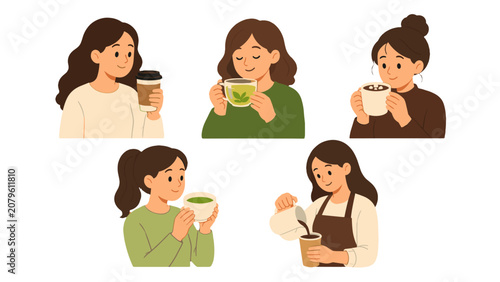 Fotografía Set of women holding and pouring hot drinks in flat vector style