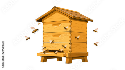 Foto Wooden beehive with flying bees flat vector illustration