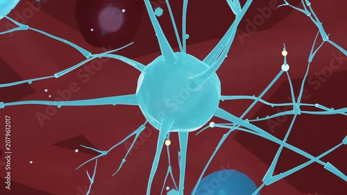 Orbiting camera revealing central cyan soma with branching filaments, beads moving to form synapses