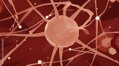 Rotating camera showing main neuron cell amid red discs moving vesicles along arms for signals