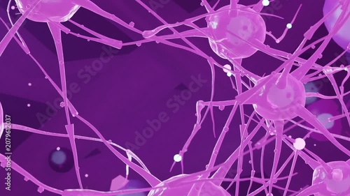 Panning pink node cluster in virtual net, revealing rotating nodes, swaying arms, drifting beads