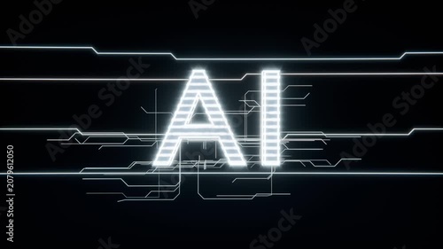 Animating horizontally-striped AI glyph revealing circuitry on black backdrop, neon rails entering