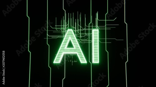 Brightening AI letters on black void as neon traces descending and linking, revealing green halo