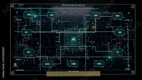 Animating glowing AI revealing PCB schematic against starfield, showing traces and gold pads