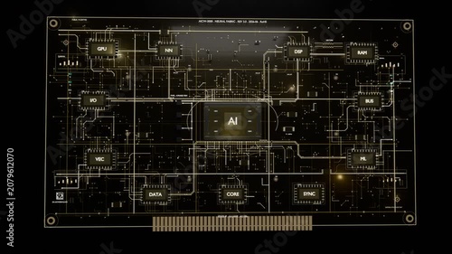 Glowing AI square initiating PCB schematic reveal on dark screen, highlighting GPU and RAM traces