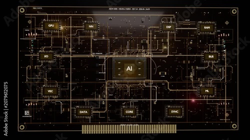 Faint lights starting central AI chip glowing linking GPU RAM via copper traces showing activation