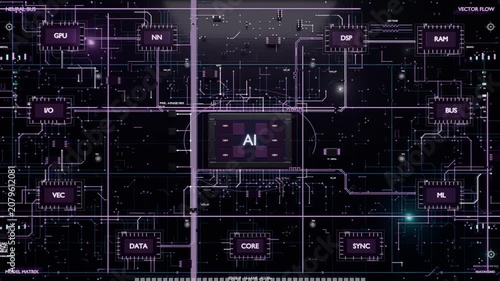 Animating central AI module emitting traces across schematic canvas, scan bar lighting paths