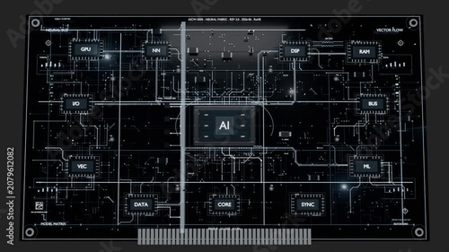Zooming viewpoint starting from faint glow, revealing AI module on PCB with moving scan bar