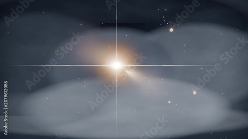 Emerging central flare brightening and sending rings and crosshair across studio for intro