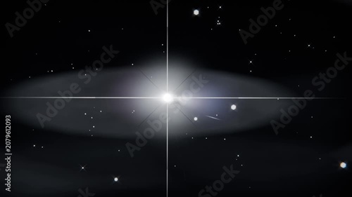Black frame fading, revealing torus and flaring star in virtual space, crosshair aligning for focus