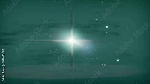 Pulsing central star flare emitting crosshair lines in teal cosmic scene, with rings and particles