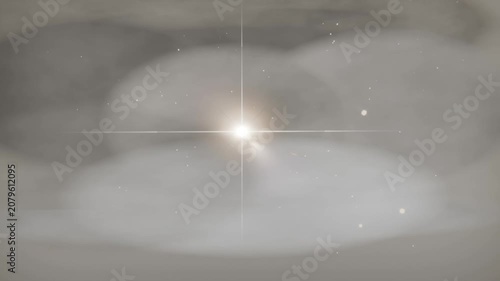Appearing central star settling, emitting halo and cross flare amid grey clouds, sending sparks