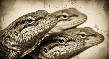 Close up portrait of four lizards heads looking forward in sepia vintage style photographic composition with cold blooded
