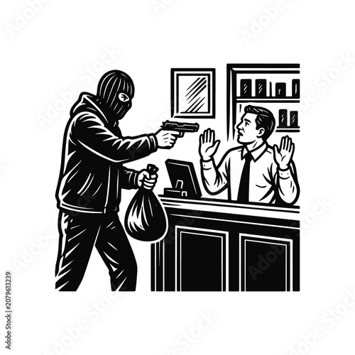 Konstfotografi Armed Bank Robber Threatening Teller Vintage Engraving Illustration, Retro Black