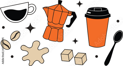 Foto Coffee icon set includes moka pot, beans, sugar cubes, cup, spoon, and takeaway