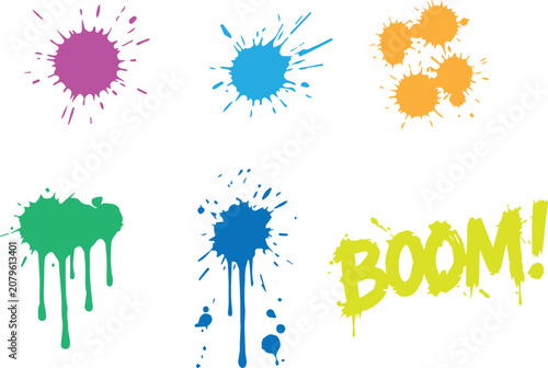 Colorful Graffiti Paint Splatter Collection with Dripping Ink Splash Comic Boom Text and Urban Spray Vector Elements