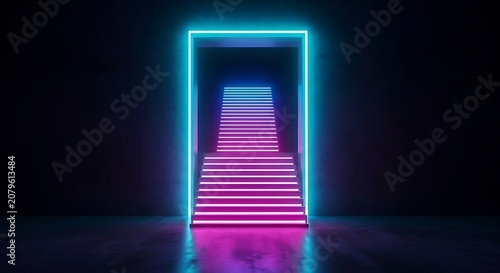 Futuristic glowing neon stairway leading upwards with blue and pink lights staircase architecture abstract progress interior