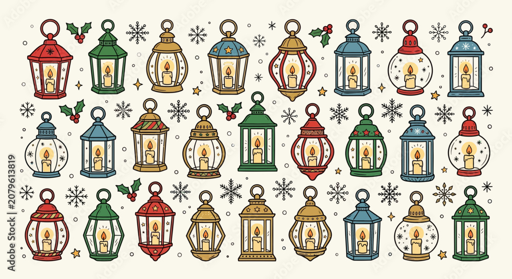 Fototapeta premium Christmas Lanterns Collection, Festive Winter Decoration, Holiday Lights Design