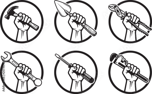Photography Construction Industrial work protest icon set, black silhouettes of different eq
