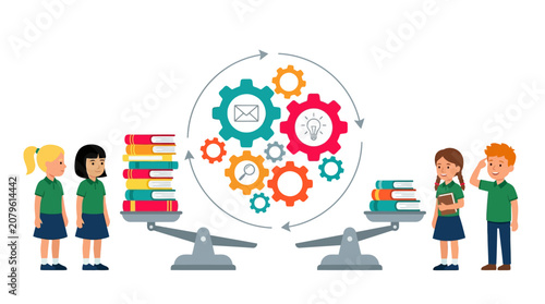 Kids and students with books on weighing scales, gears, symbolizing educational process, learning, knowledge, and academic balance.