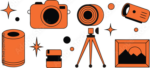 Konstfotografi Photography equipment and camera accessories with orange accents on transparent