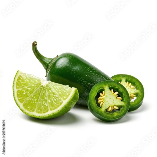Fresh green jalapeno pepper with a juicy lime wedge and sliced chili pepper pieces