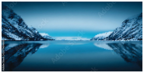 Obraz na plátne Abstract pixelated winter lake with snow-covered mountains reflection