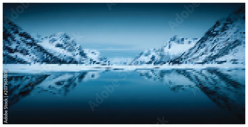 Obraz na plátne Abstract pixelated winter landscape with reflective lake and snow-capped peaks