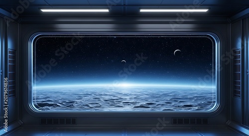 Futuristic spaceship interior window overlooking a blue planet and deep space nebula with bright stars spaceship futuristic