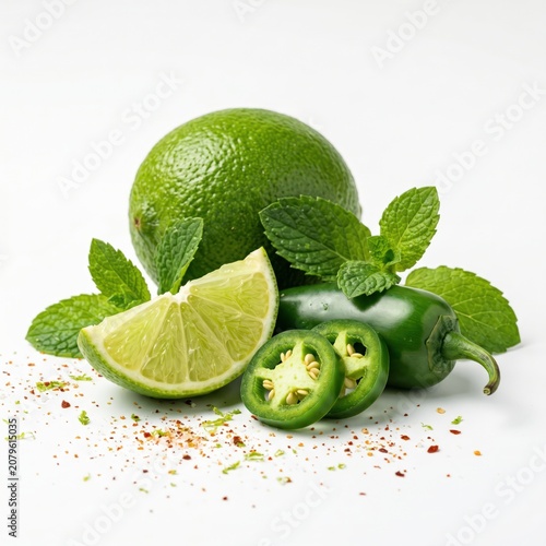 Fresh green lime and spicy jalapeno pepper slices with mint leaves for seasoning