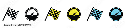 Set of racing flag and speedometer icons in various colors for speed and performance concepts.