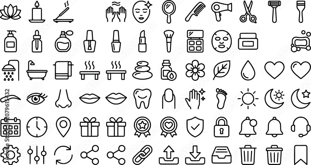 Naklejka premium Set of beauty, spa and wellness line icons, skincare and personal care symbols isolated on white background transparent background