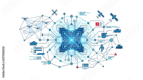 AI command and control system connecting drones, satellites, and armored vehicles to a central microchip processor network