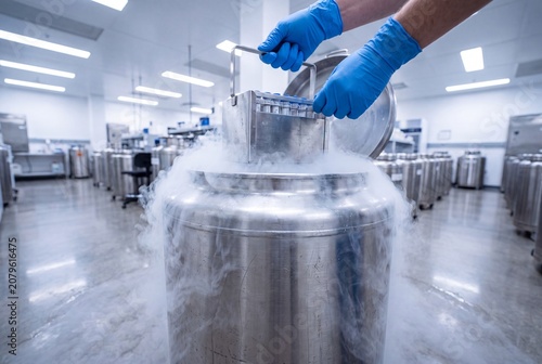 Scientist Removing Cryogenic Sample Rack from Liquid Nitrogen Storage Tank with Cold Vapor in Biobank Facility