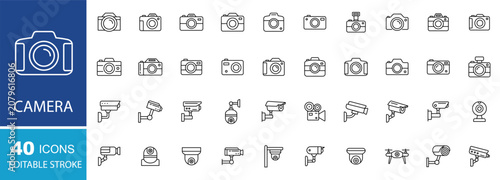Camera icons. Cctv icon. Security camera vector set. Drone, photo camera, webcam.  Editable Stroke.