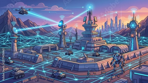 Futuristic Military Base with High-Tech Communication Towers and Mech Robot in a Sci-Fi Desert Landscape