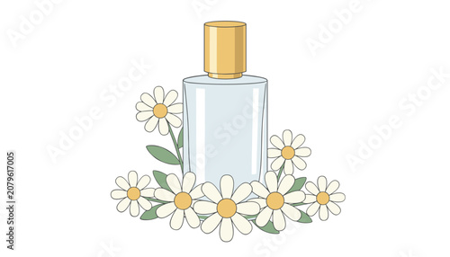Clear glass perfume bottle stands upright surrounded by a delicate arrangement of white daisies to represent fresh and natural floral fragrance ingredients.