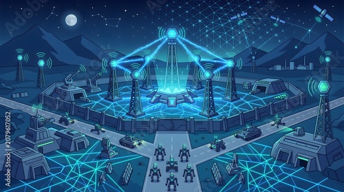 Futuristic military base with glowing telecommunications network and satellite dish technology at night illustration