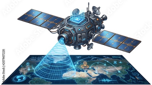 Advanced Artificial Intelligence Satellite Scanning Global Terrestrial Data Maps