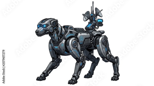 Advanced cybernetic canine robot designed for futuristic security and surveillance, a formidable mechanical companion with integrated technology