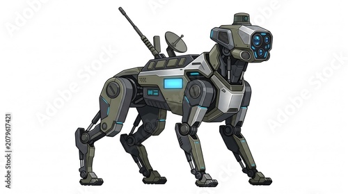 Futuristic robotic military guard dog concept illustration on white background